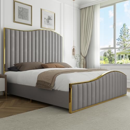 HOWE King Size Harp Platform Bed Frame, Velvet Upholstered Bed with 61.4\" Vertical Channel Gold Trim Headboard & Footboard/Wooden Slats/No Box Spring Needed/Light Grey