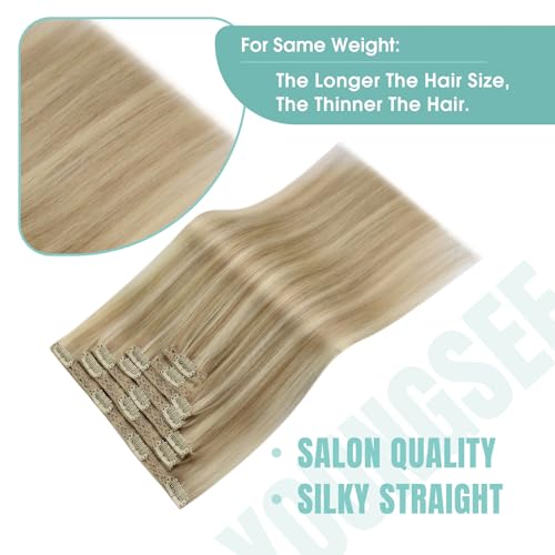 Image of YoungSee Blonde Clip in Hair Extensions Honey Blonde Highlights Human Hair Clip in Extensions Strawberry Blond Clips in Human Hair Extensions for Woman 12inch 85g