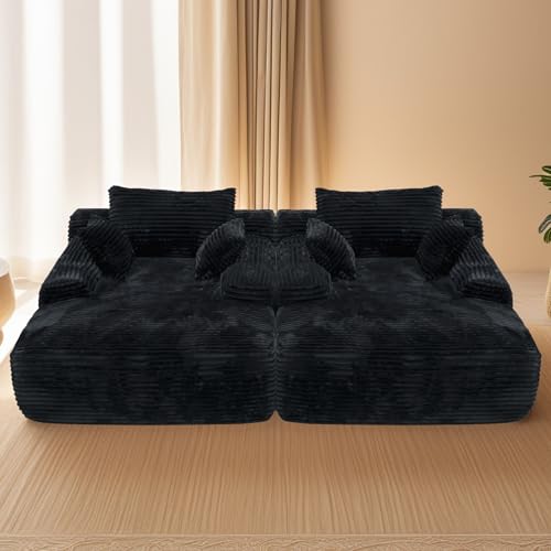 POEM PANDA Boneless Couch Deep Seat with 6 Pillows,98" Double Oversized Chaise Lounge Recliner Chair Cloud Memory Foam Couches for Living Room,Corduroy Compressed Sofas in A Box,No Assembly,Black. -  505