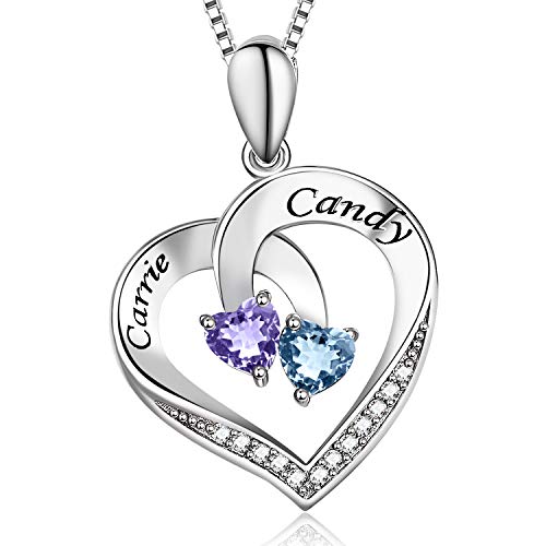 Personalized Engraved 2 Names Necklace with Simulated Birthstone in 925 Sterling Silver Custom Heart Pendant Necklace for Mother Women (Silver)