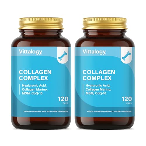 VITTALOGY Collagen Complex Suplemento Natural de Colágeno Hidrolizado Marino con Ácido Hialurónico, Magnesio, Coenzima Q10 y Vitaminas A, B12, C y D. Colágeno para Articulaciones y Piel. 240 Cápsulas