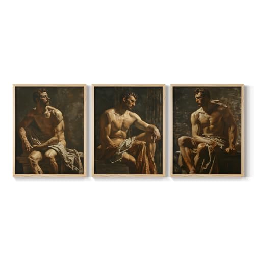 Renditions Gallery Set of 3 Peel & Stick Framed Prints, Modern Abstract Wall Art, Male Statue Sculpture Wall Decor, Re-Stickable - Ready to Hang - 16"x20" - Natural Frame LT597