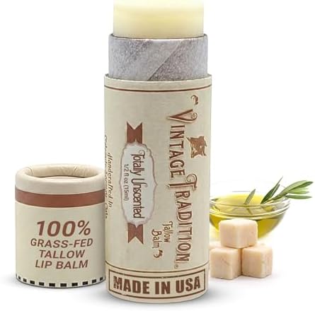 Vintage Tradition Unscented Grass-Fed Tallow Lip Balm | Dry Lips 0.5 oz