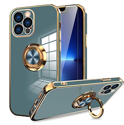 KANGHAR Compatible with iPhone 13 Pro Max Case 6.7 Inch with Screen Protector Plating Built-in 360 Rotation Magnetic Ring Kickstand Holder Soft Slim Shockproof Bumper Protective Cover (Blue Gray)