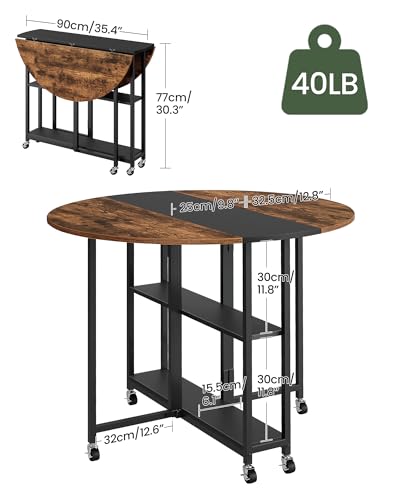 CHOEZON Folding Dining Table, Portable Round Table with Storage Shelf and Wheels, Kitchen Table for 4 People, for Dining Room, Kitchen, Small Spaces, Rustic Brown and Black TCZ03BF - Image 3
