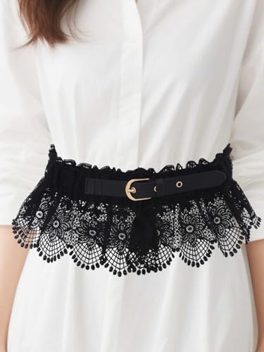 Urieo Black Lace Waist Belt with Buckle, Victorian Style Elastic Corset Belt4