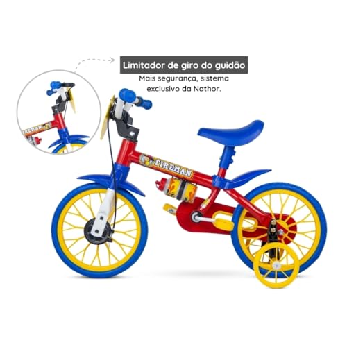 Bicicleta Infantil Fireman com Aro de 12 Polegadas, Rodinhas, Capacete, Vermelho/Azul