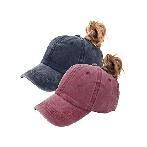 Eohak Ponytail Baseball Hat Distressed Retro Washed Womens Twill - - One Size Cover