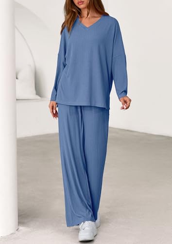 PRETTYGARDEN 2 Piece Lounge Sets for Women Fall Outfits 2025 Casual Loose Long Sleeve Tops Wide Leg Pants Matching Pajama Set
