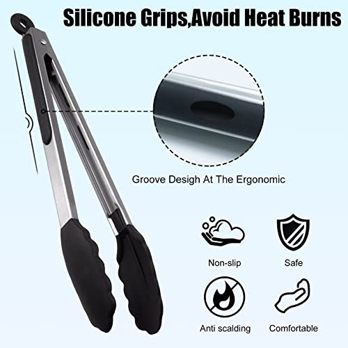 Kitchen Tongs, Set Of 3 Silicone Tongs For Cooking, Stainless Steel Metal Food Tongs With Non-Stick Silicone Tips, For Food Grill, Salad, Bbq, Frying, Serving (7",9",12") #TOP3