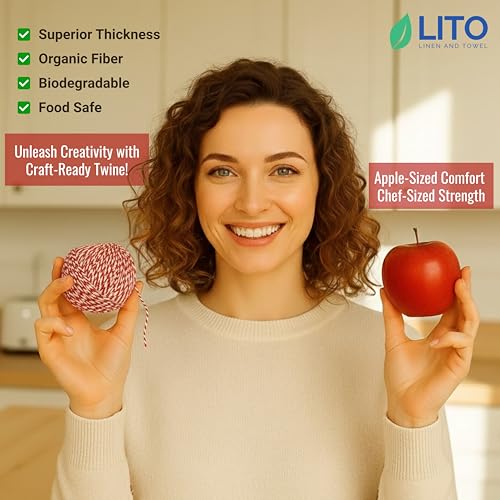 Image of LITO LINEN AND TOWEL 100% Cotton Twine Macrame Thread | Natural Cotton String for Cooking, Baking, Wrapping, Crafts, DIY Garden Decor & Gift Packaging (Red & White, 200 FEET)