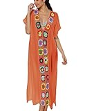 Bsubseach Women Mexican Embroidered Long Kaftan Dresses Deep V Neck Short Sleeve Beach Side Split Cover Up for Women Caftan Dress Orange