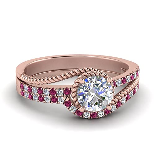 Image of Choose Your Gemstone Rope Split Shank Wedding Ring Set Rose Gold Plated Round Shape Wedding Ring Sets Everyday Jewelry Wedding Jewelry Handmade Gifts for Wife US Size 4 to 12
