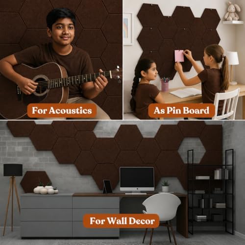 Image of MMT Acoustix HexaFelt Bevelled Acoustic Panels, Luxury Sound Absorbing Felt Wall Panels for Home, Office & Studios | VOC Free, 30x30 cm | Pack of 7 | Coorg Colour