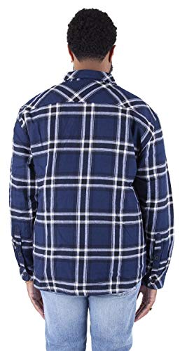Image of Shaka Wear Men's Plaid Shirts - Flannel Hooded Long Sleeve Casual Button Up Fleece Soft Quilted Lined Hoodie Jacket PFJ03 Navy S