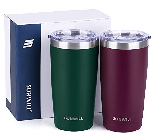 Sunwill Insulated Coffee Mug Set Of 2, Tumbler With Lid 20 Oz, Stainless Steel Travel Mug (Forest Green & Plum) Vacuum Double Wall, Thermal Cup With Spill Proof Sliding Lid #TOP4