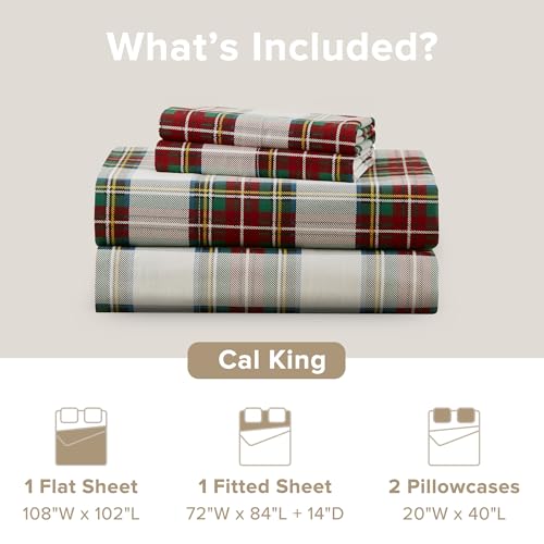 Comfort Spaces 100% Cotton Sheets Cal King, Breathable, Naturally Cool Cotton Sheets, Cotton Bed Sheets 14" Elastic Pocket Fits up to 16" Mattress, All Seasons Sheet Set, Scottish Plaid Red 4 Piece