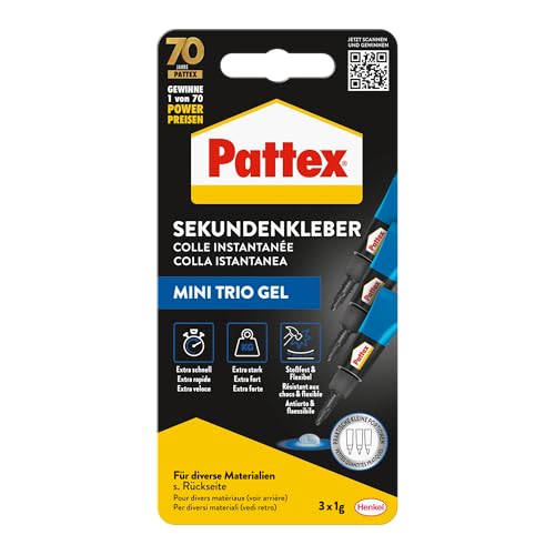 Pattex Sekundenkleber Ultra Gel Mini Trio, extra starker & flexibler Superkleber in 3 Tuben, Sekundenkleber Gel für z. B. Gummi, Leder, Holz, 3x 1 g Tube, 9H PSMG3