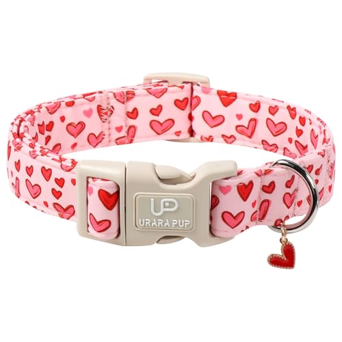 Image of Valentine's Dog Collar, UP URARA PUP Pink Heart in Red Adjustable Pet Collar with Bowknot Charm, Wedding Dog Accessories for Small Medium Large Dogs