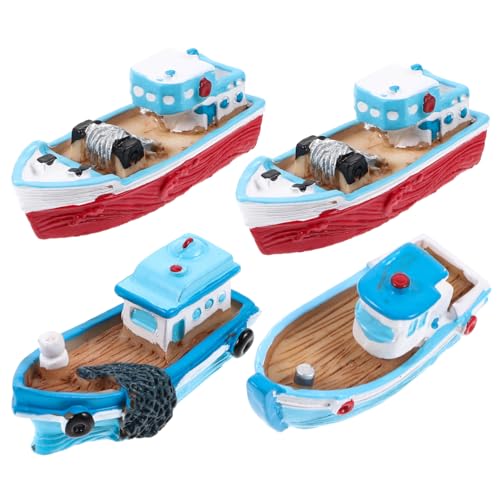 NUOBESTY Miniature Dollhouse Fishing Boat Model Mediterranean Decor Resin Desktop Boat Ornament Ocean Beach Micro Landscape Decoration, Random Styles 4pcs