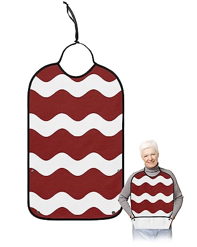 LEOKOTI Red Ripple Adult Bibs for Eating, Waterproof Bibs with Food Catcher & Adjustable Snap Closure, Simple Red White Waves Aesthetics Washable Clothing Protectors Adult Bibs for Elderly Women/Men