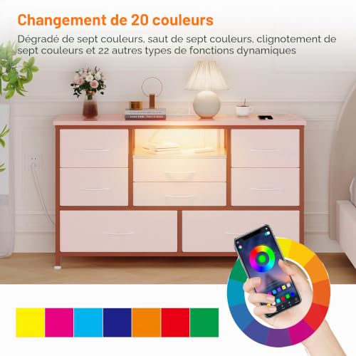 Baloveby Commode à 8 Tiroirs, Meuble TV avec Lumière LED, Station de Charge, Commode pour Chambre, Salon, Couloir avec Structure en Métal, Plateau de Table en Bois (Rose) – vue 4