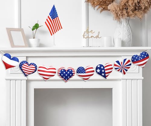 Whaline Patriotic Heart Felt Banner 3D American Flag Heart Pre-Strung Banner Red Blue White 4th of July Bunting Garland for Independence Day Hanging Decoration