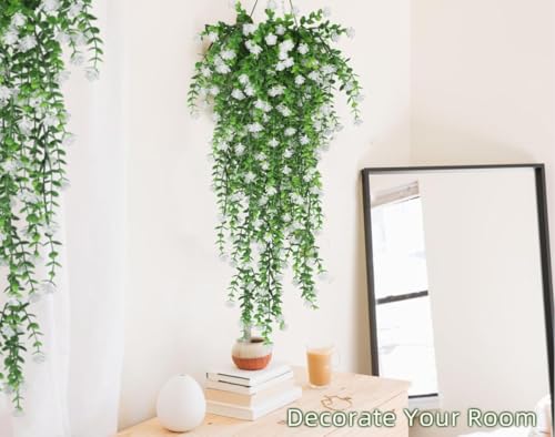 Image of VRB Dec 2 Pcs Artificial Dry Baby's Breath Greenery Hanging Plants Vines Fake Ivy Hanging Flowers Vine Wall Hanging for Home Decor,Wall,Balcony Decoration. (2, White Euclyptus Fern Hanging)