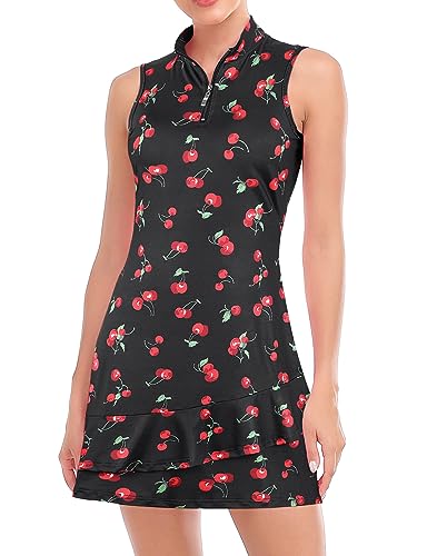 Tennis Dress For Women With Built In Shorts, Pockets Sleeveless Golf Dress Zip Up Stand Collar Lightweight Dresses For Hiking Running Black, Cherry-Small
