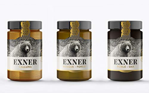 EXNER Miel Cruda 100% Raw Honey Artesana - 3 variedades CALLUNA (420 gr), ROBLE (450 gr) y BOSQUE (450 gr) - Naturaleza y Montaña, Pura, Sin filtrar, Sin pasteurizar, Sin gluten