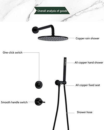 Douche supérieure 12 pouces en laiton noir mat avec douchette