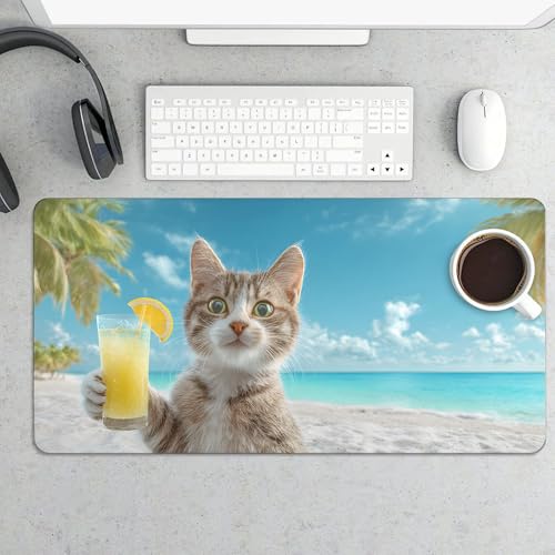 Image of Summer Cat Beach Extended Gaming Mouse Pad, with Stitched Edges Large Mouse Pad Desk Protector, Rubber Base Mousepad Keyboard Mouses Mat for Work Game Office Home- 32 inch X 16 inch Inch