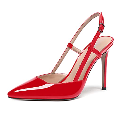 WAYDERNS Women's Buckle Slingback Ankle Strap Solid Pointed Toe Patent Leather Stiletto High Heel Pumps Shoes 4 Inch