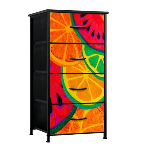 VETEB Dresser for Bedroom Brightly Colored Fruit Slices Abstract Watermelon Orange Segments Small Tall Clothes Dresser for Closet Organizers with 4 Chest of Drawers Fabric Storage Bins Dressers