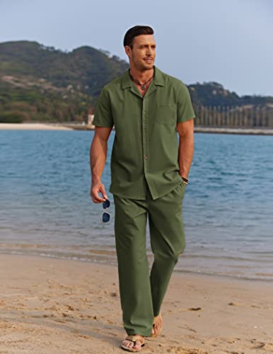 Image of COOFANDY Men 2 Piece Linen Outfit Beach Button Down Shirt Casual Loose Pant Sets