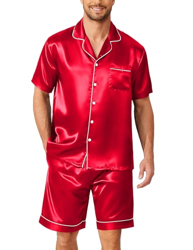 Ekouaer Mens Pajamas Set Silk Satin Sleepwear Short Sleeve Button Up Pjs