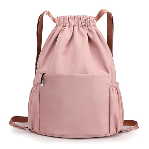 Drawstring Backpack Waterproof Small Gym Bag for Women String Backpack, Sports Gym Sack Cinch Bag with Multi Pockets (Pink)