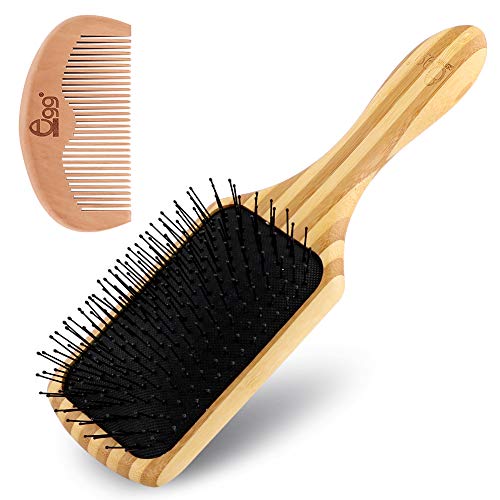 Black Egg Wooden Paddle Brush - Detangling Hair Brush No More Tangles for Wet/Dry All Hair Types - Wooden Hair Brush for Women Men Kids with Hair Comb & 2 Hair Ties