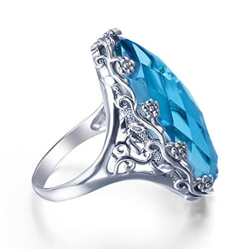 LSLYTQ 925 Rings For Woman Flower Plants Garden Oval Aquamarine Ring Jewelry