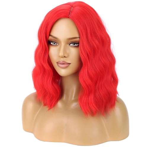 Image of BERON Red Wigs for Womens Short Curly Wavy Hair Wig Girls Red Colored 14 inch Shoulder Length Synthetic Costume Cosplay Party Halloween or Daily Use Wigs Wig Cap Included