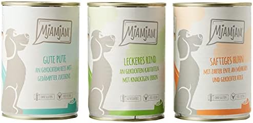 MjAMjAM - premium wet food for dogs - Mixpaket I - chicken & duck, beef, turkey, pack of 6 (6 x 400 g), natural with extra meat
