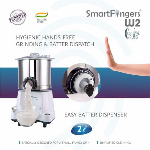 Image of SmartFingers Comfort + Table Top Wet Grinder 230V, 2 Liter, White with Coconut Scrapper & Atta Kneader Attachment | Hands-Free Batter Dispenser | Top Wiper, 150W Motor | 5 Years Warranty | AISI 304