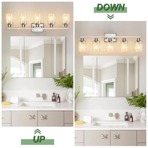 Image of Ascher Bathroom Light Fixtures, 5-Light Vanity Lights with Clear Glass Shade, Modern Brushed Nickel Wall Light for Mirror Bedroom Hallway Cabinet Porch