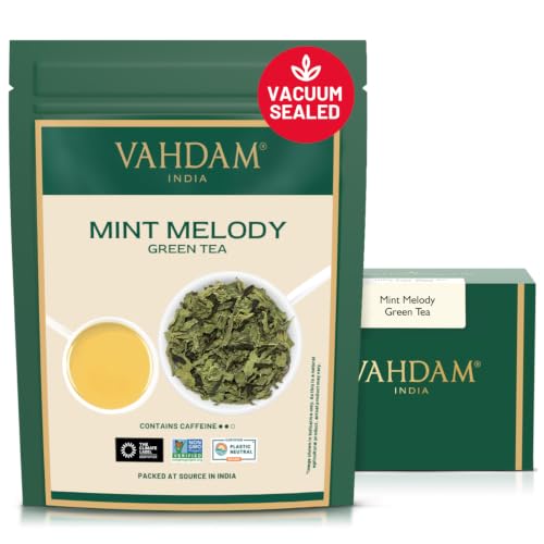 VAHDAM, Tè Verde alla Menta (50 Tazze) | Te Verde in Foglie con 100% Pura Menta Piperita | Da Giardini di Alta Quota | Da Preparare Caldo o Freddo | Sottovuoto |