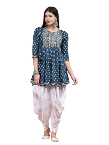 Image of Stylum Women's Printed & Embroidered Rayon A-Line Kurti With Dhoti Pant