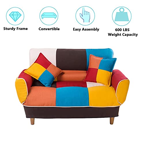 Convertible Futon Sofa Bed With 2 Pillows, Loveseat Sleeper Sofa Futon Couch, Recliner Couch With Adjustable Armrest And Wood Legs, Living Room Sofa With 3-Angle Backrest For Small Space (Colorful) #TOP1
