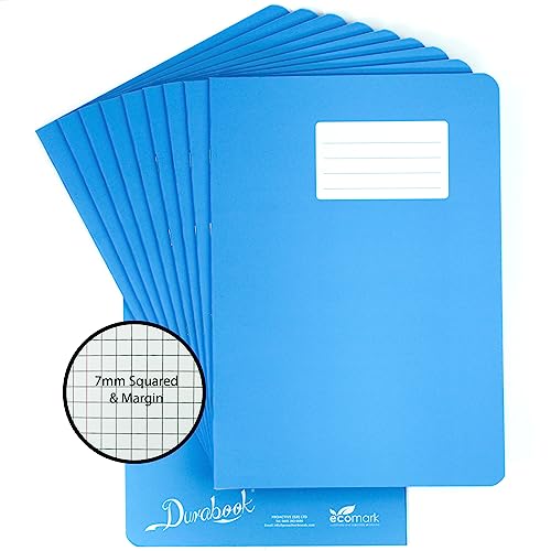 Durabook Cadernos de exercícios A4, 7 mm, quadrados e com margem azul clara, embalagem de 10, capa resistente à água laminada mate durável de 80 páginas, caderno escolar com réguas quadradas, ex