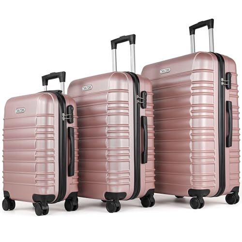 MoFut Kofferset 3 Teilig Hartschale aus ABS– Kofferset 20/24/28 Zoll, Reisekoffer mit 4 Drehbaren Rollen und 3 Stelige-Zahlenschloss (Gepäck-Sets–M-L-XL, Rosa Gold)
