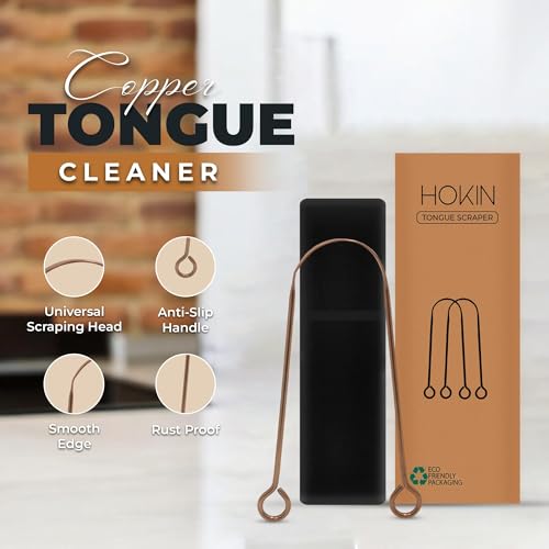 Image of Tongue Scraper for Adults by HOKIN (Copper 2Pcs Oral Care Pack), Copper Tongue Cleaners Reduce Bad Breath, 100% Copper Tough Scrapers Men and Women Hygiene Product