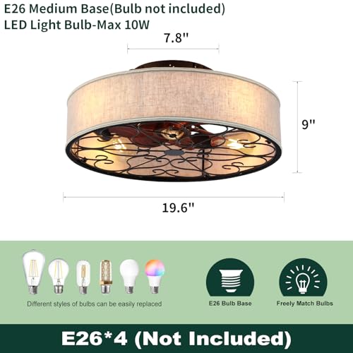 20 Inch Caged Ceiling Fans with Lights Flush Mount,Low Profile Fabric Farmhouse Bladeless Ceiling Fan with Remote, Farmhouse White Ceiling Fan for Bedroom,6 Speeds Reversible Silent Fandalier